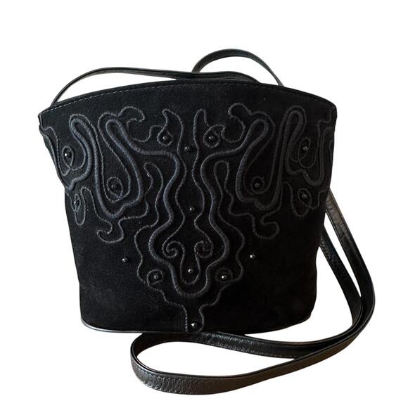 80's Black Kid Suede Brocade Beaded Small Bucket Bag by L.j. Simone